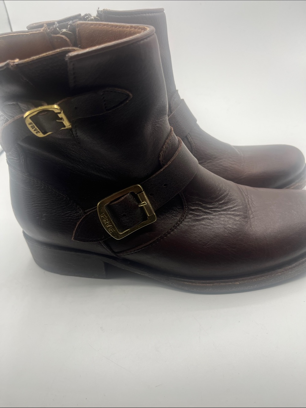 Frye Dark Brown Leather Veronica Boots with Gold Buckles
